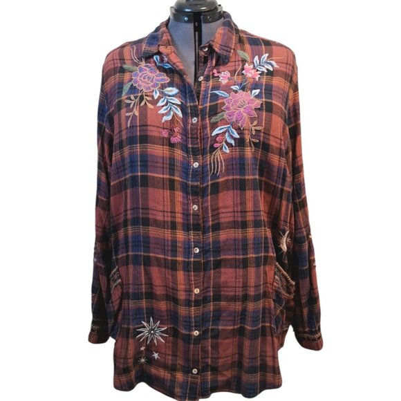 Johnny Was WS Cordelia Painters Smock Plaid Embroidered Button Front Top Sz XXL - Picture 2 of 13